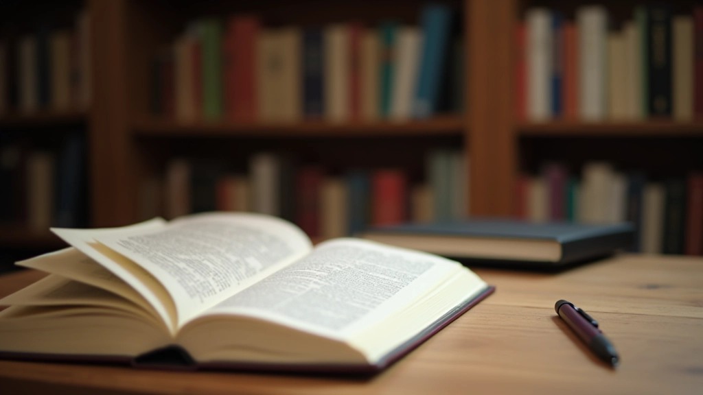 Mesa de trabalho com dicionário de inglês, caneta e caderno de estudos em ambiente de biblioteca