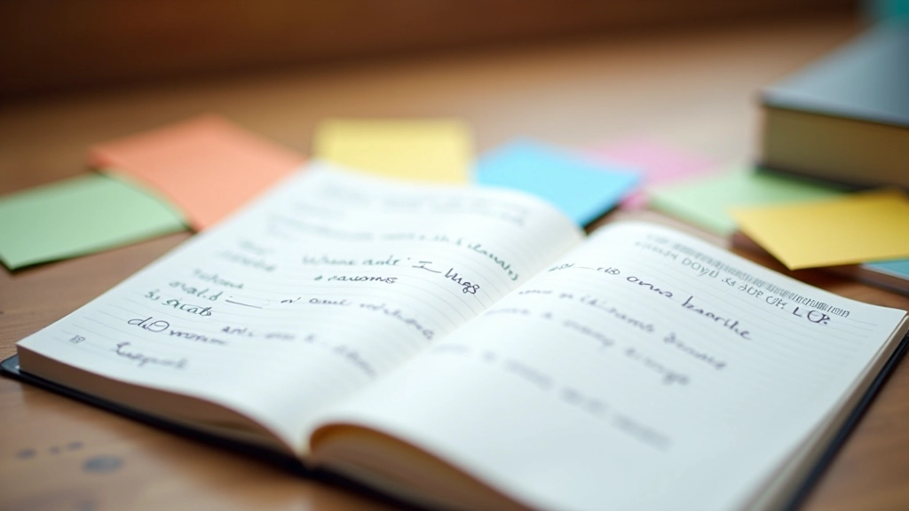 Caderno aberto com anotações de vocabulário em inglês, rodeado de flashcards coloridas e um lápis