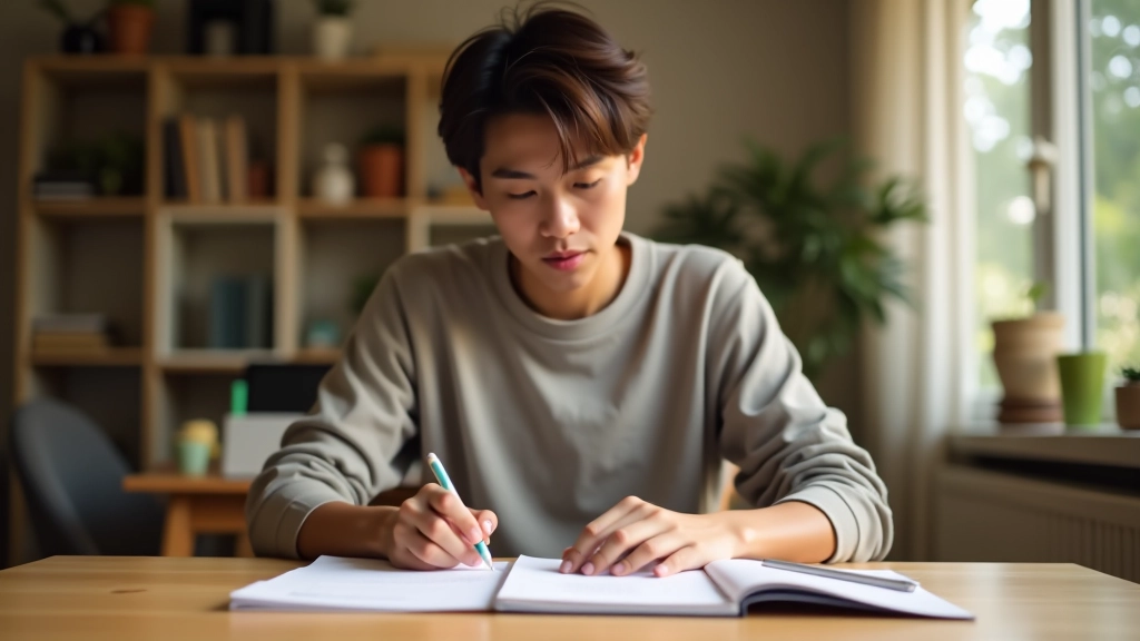 Pessoa estudando inglês com flashcards e notas em uma mesa organizada