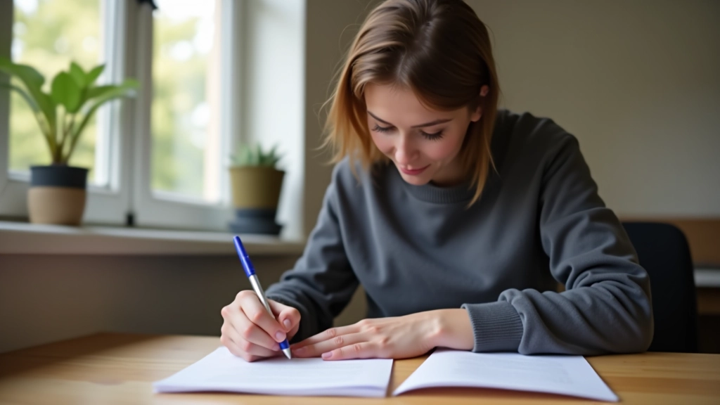 Pessoa a escrever respostas num teste de vocabulário, mostrando esforço cognitivo e foco