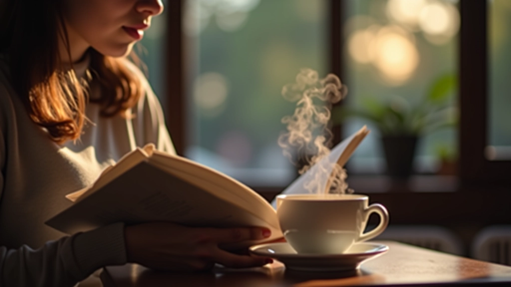 Pessoa lendo livro em inglês em café aconchegante, com xícara de chá ao lado
