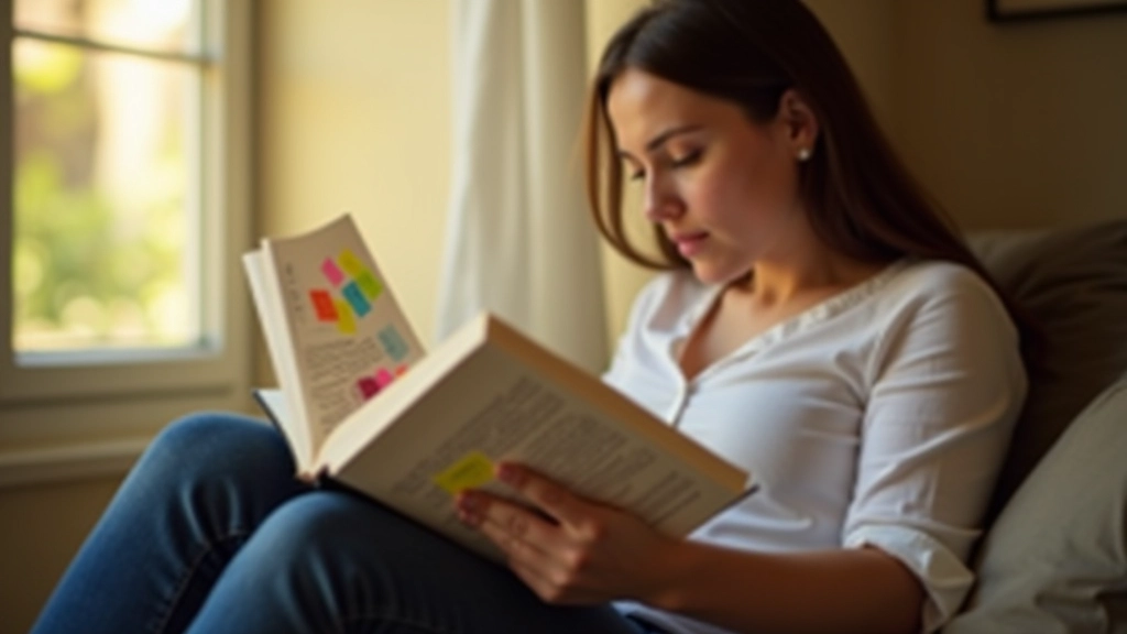 Pessoa lendo um livro em inglês com notas coloridas marcando vocabulário novo e contexto de uso