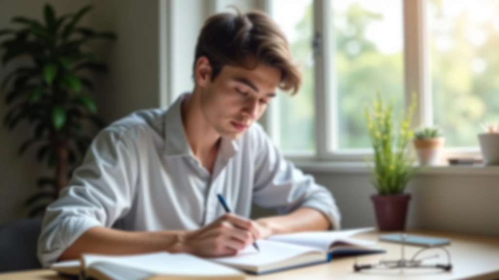Pessoa anotando notas durante leitura de livro em inglês, caneta na mão, ambiente luminoso de estudo