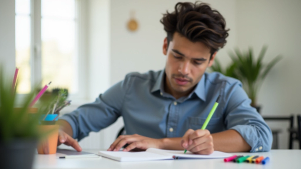 Pessoa a estudar com caderno aberto mostrando palavras relacionadas agrupadas e conectadas com linhas