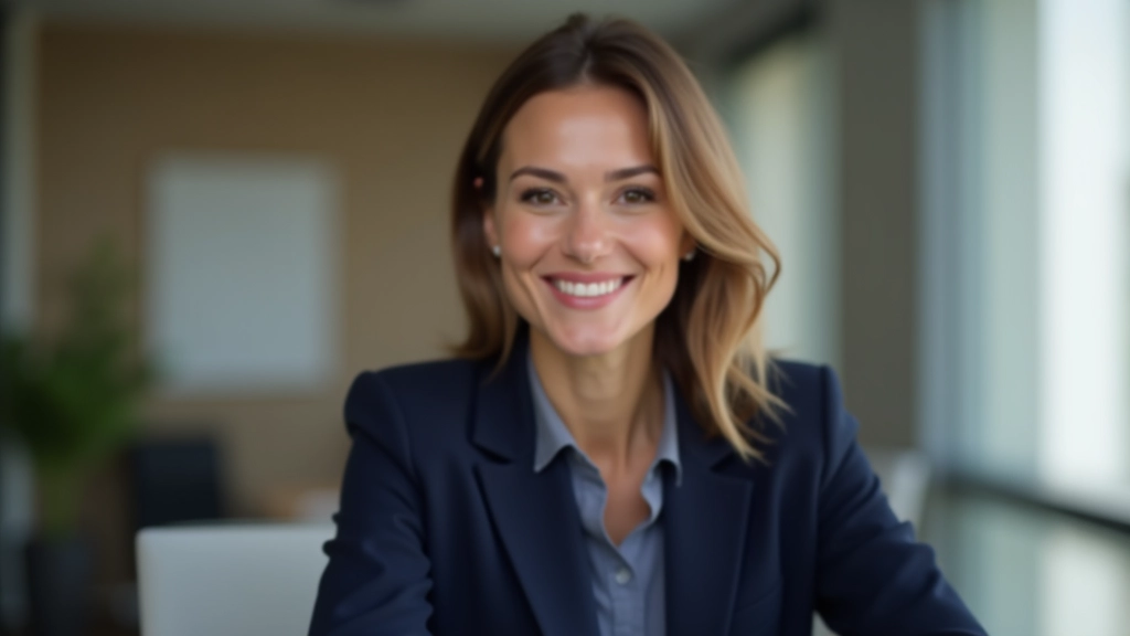 Sofia Ferreira, professora de inglês, retrato profissional, sorriso confiante, fundo de escritório